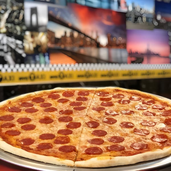 A large pepperoni pizza on a metal tray, with blurred cityscapes in the background.