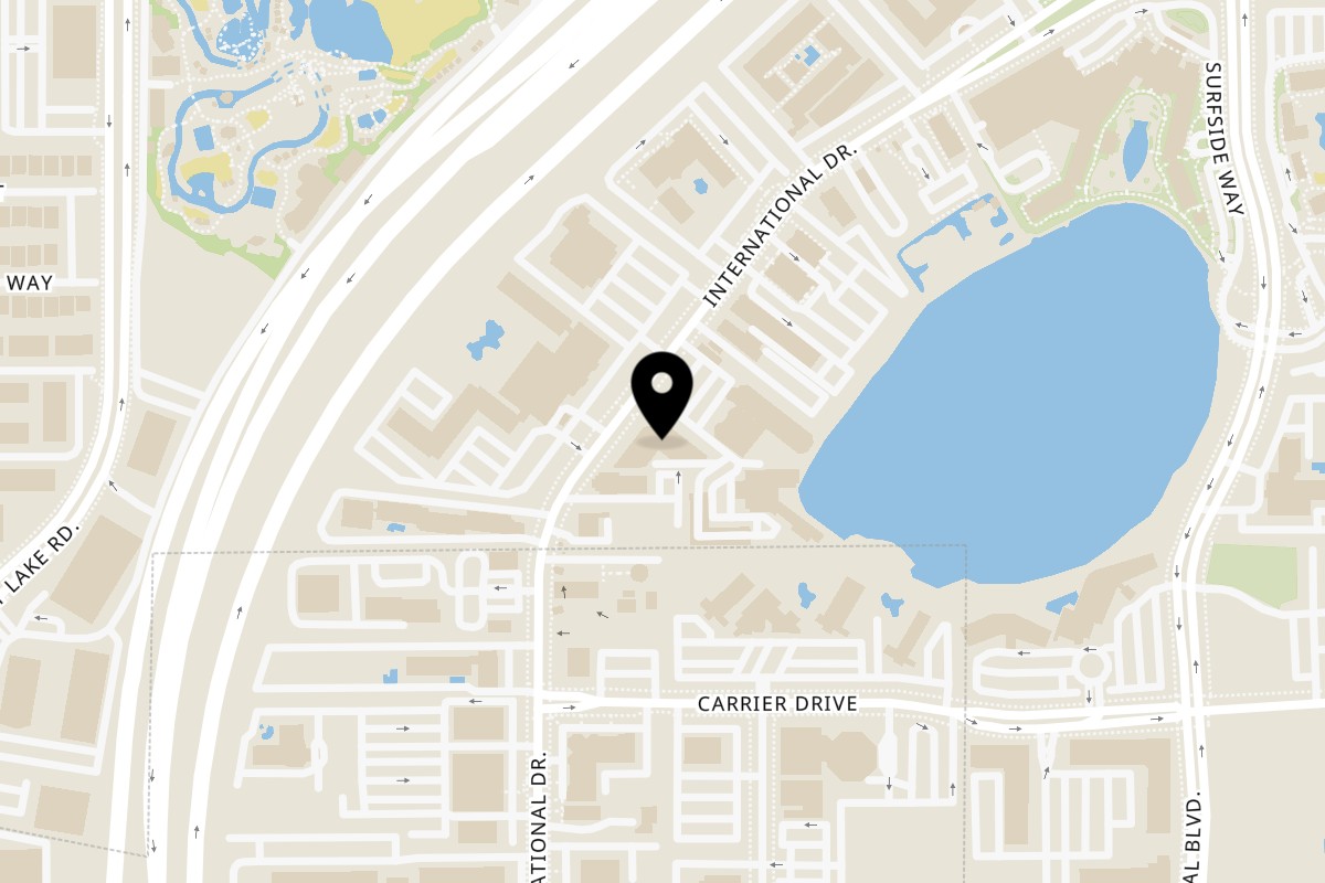 Map showing the location of King's Pizza on 6550 International Dr #102 in Orlando